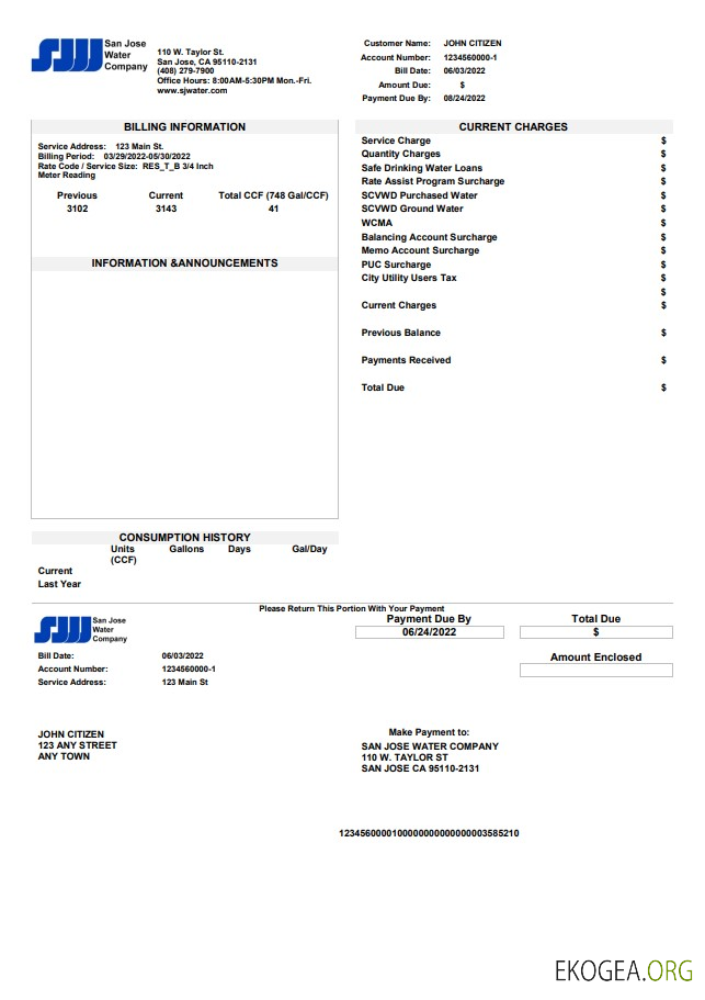 USA California San Jose Water utility bill template in Word and PDF format